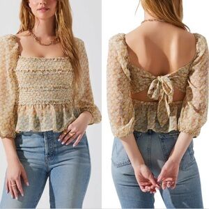 NWT ASTR THE LABEL Floral Smocked Peplum Top in Orange Purple Multi Sz. M